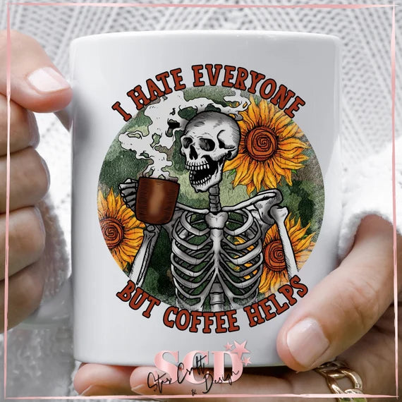 I hate everyone, but coffee helps, coffee mug, spooky, skeleton, dark humor